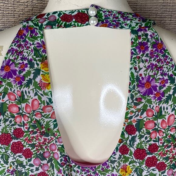 Eci Floral Ruffle Front High Neck Tank Top Cut Out Back Size 6 - Picture 5 of 9